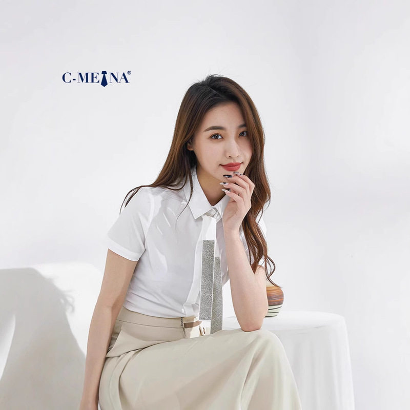 New Women's Short-Sleeve Blouse with Detachable European-Style Rhinestone Tie and Lace, Versatile and Elegant for Commuting Formal Wear