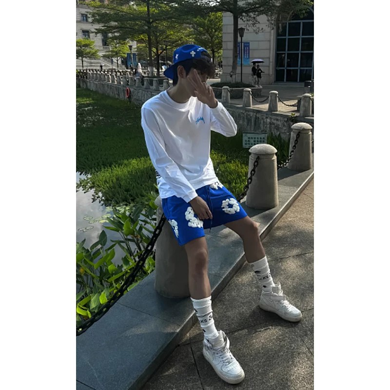 American Retro Cotton Patchwork Shorts for Men, Summer Trendy Sports Wear, Basketball Pants, Blue Loose-Fitting Five-Point Shorts