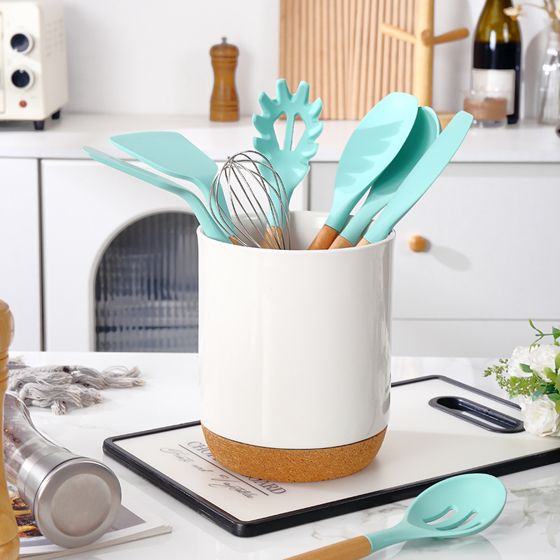 Cross-Border Pure White Multifunctional Chopstick Jar Shovel Spoon Storage Jar Can Be Customized with Logo Wholesale Cross-Border Wooden Bottom Storage Rack Kitchen Utensils