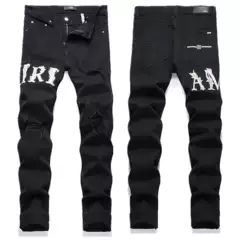 Men's Black Ripped Embroidered Stretch Slim Fit Fashion Jeans