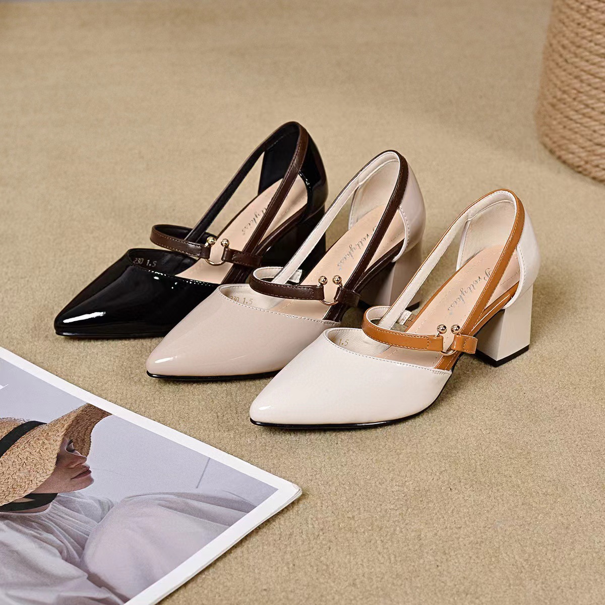 Sandal nữ da thật mũi nhọn quai ngang gót vuông 6 cm — Màu trà sữa chi tiết 9