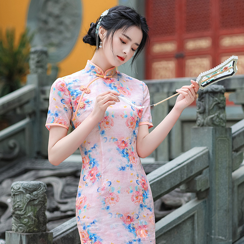 鴻韻夢春夏新款改良時尚印花旗袍 苎麻傳統複古印花少女旗袍現貨