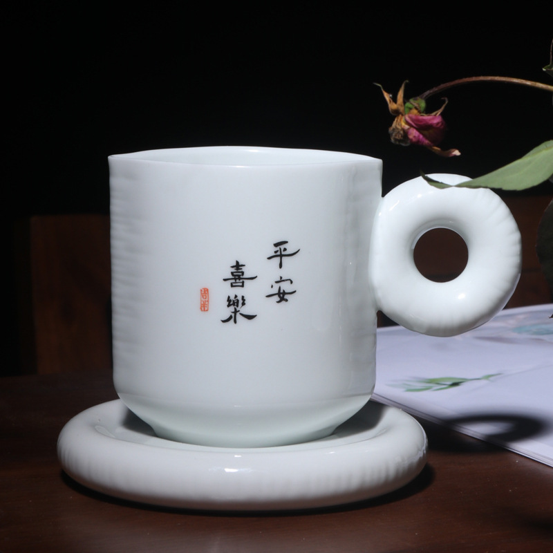 景德镇陶瓷杯创意手写文字天眼造型马克杯茶杯白瓷带托咖啡杯批发