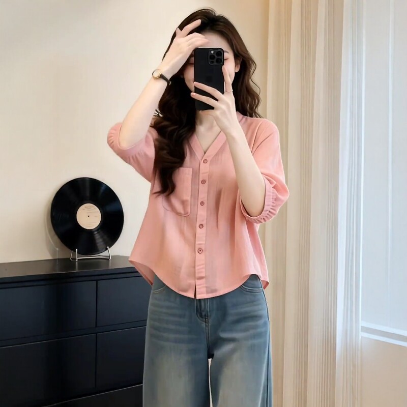 Áo sơ mi nữ cổ V tay lỡ phong cách Pháp, kiểu dáng thanh lịch tôn dáng — màu xanh nhạt chi tiết 3