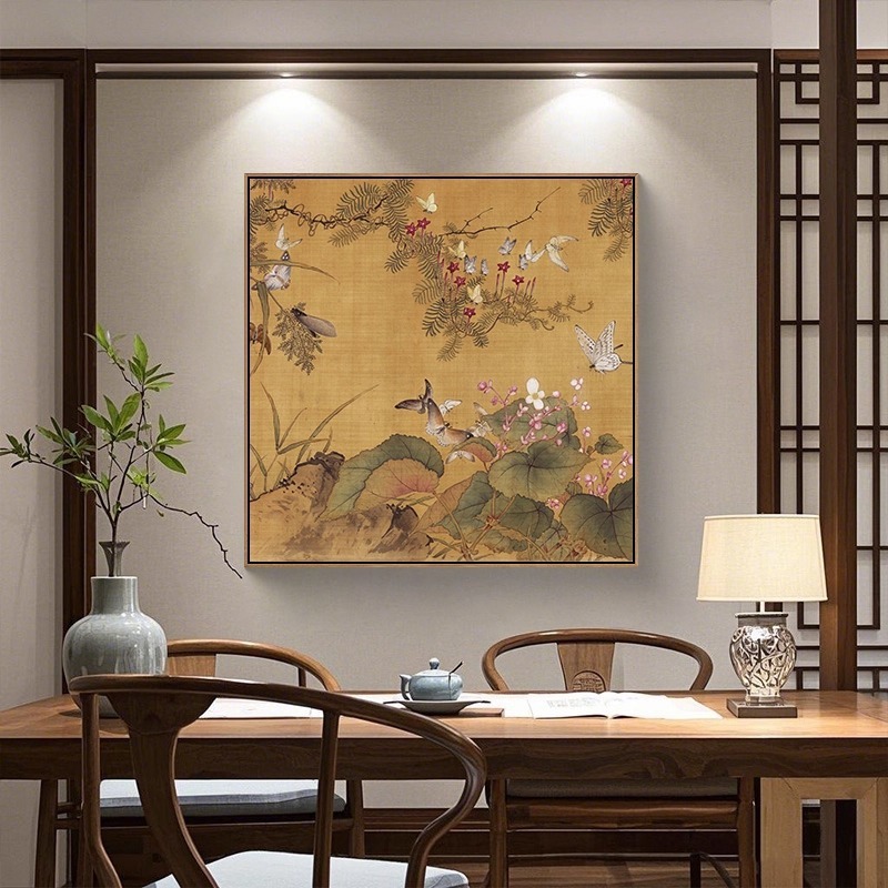 百蝶图挂画新中式茶室墙壁装饰画餐厅中古风正方形蝴蝶入户玄关画|undefined