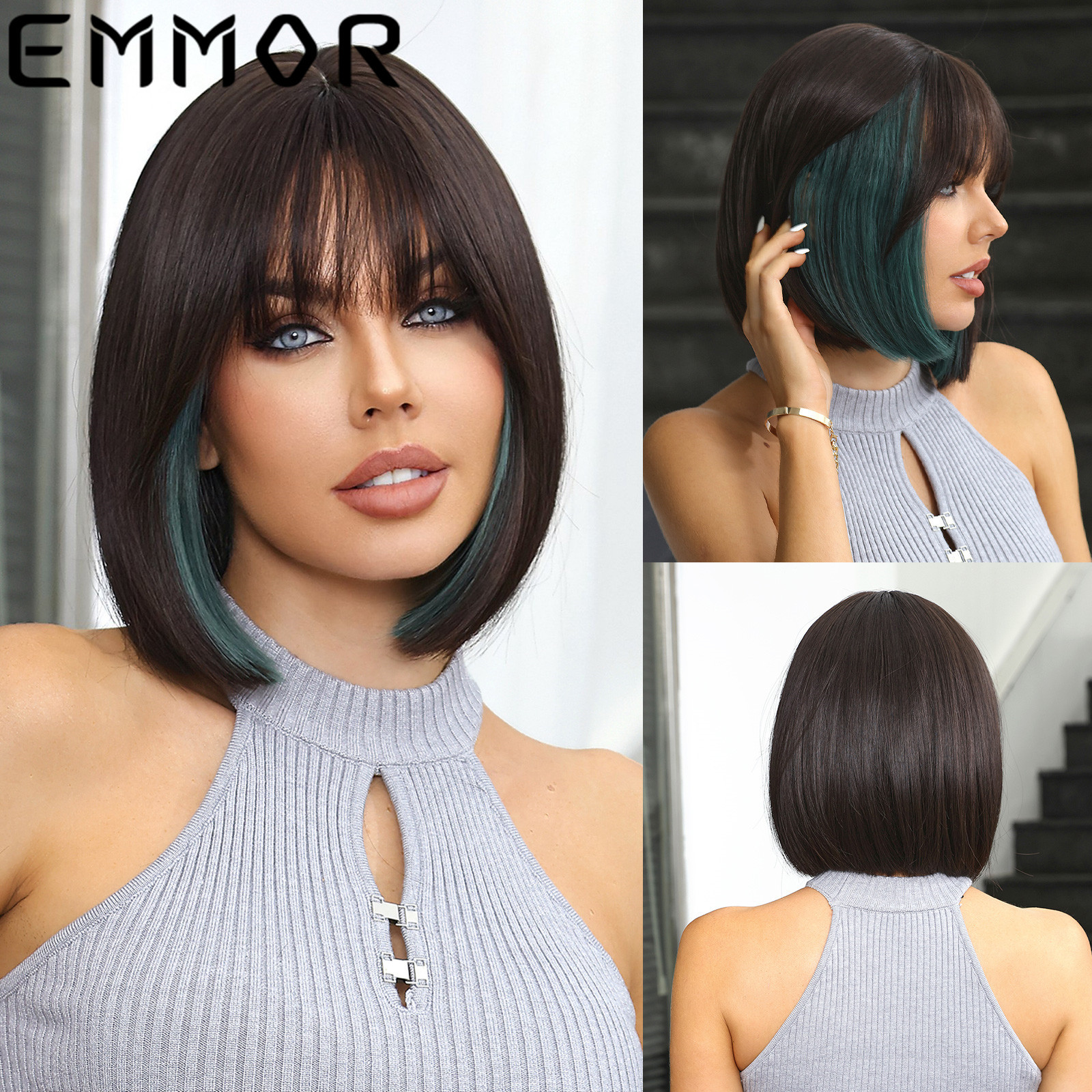 Spot peluca de pelo corto europea y americana, mujer pura, cabello liso, cabeza de Bobo, flequillo de aire, reducción de edad, nuevo estilo, cubierta completa, wigs