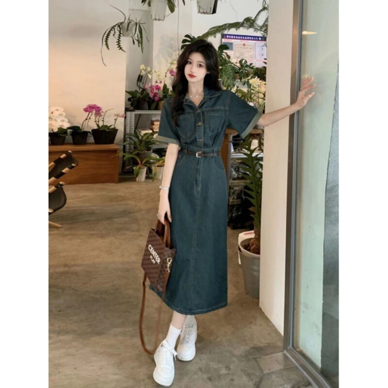 Simon Lena Polp Collar Fashion Short-sleeved Denim dress Summer New Niche Design Sense Mid-length Skirt Simon Lena Polp Collar Fashion Short-sleeved Denim dress Summer New Niche Design Sense Mid-length Skirt