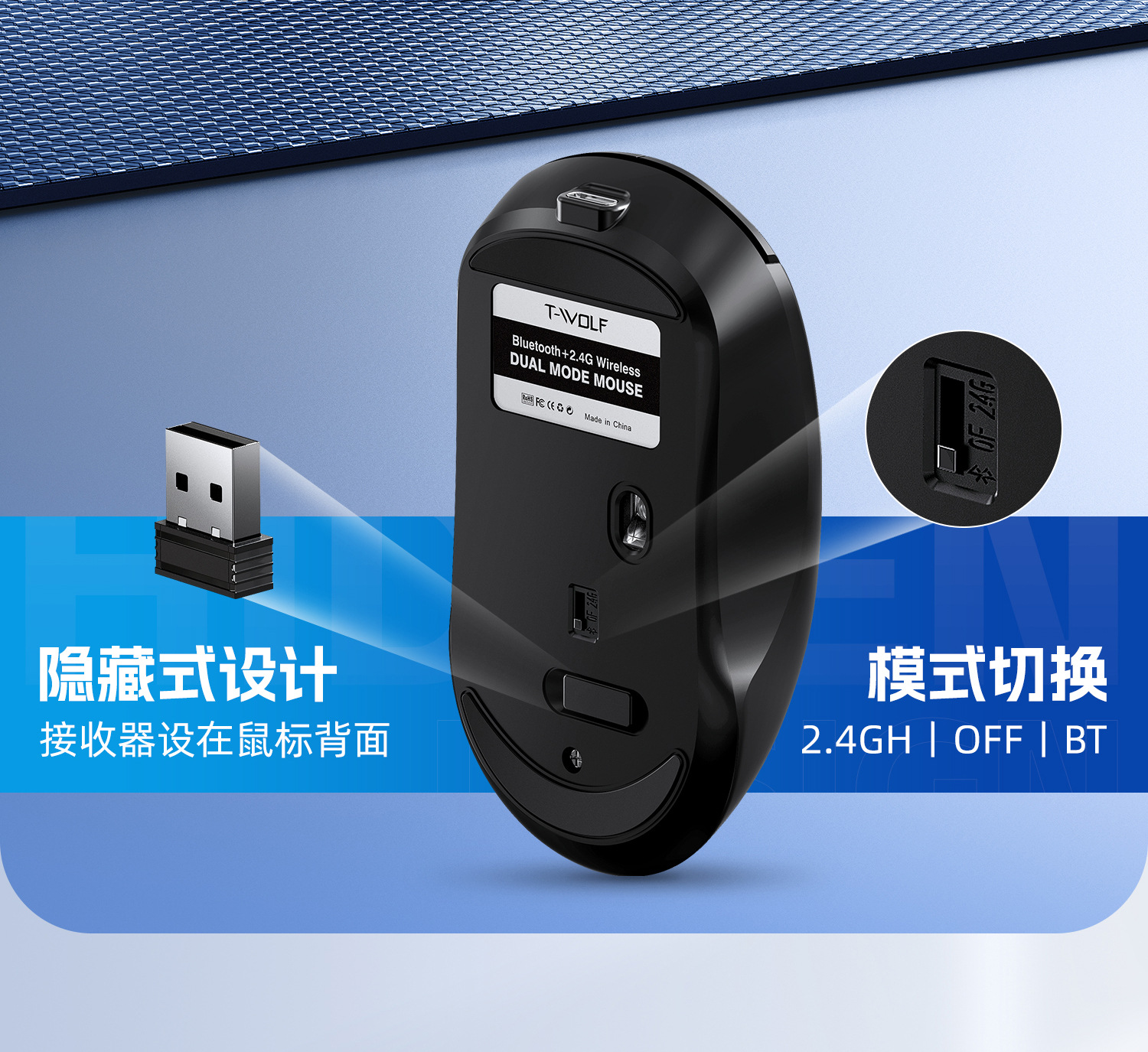 T-WOLF Thunder Wolf Q3 Bluetooth Kablosuz Fare Çift Modlu Şarj 2.4G Dizüstü Ofis Fare Sessiz