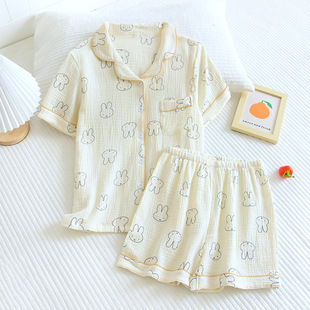 Summer New Women's Cotton Crepe Short Sleeve Shorts Cotton Yarn Thin Pajamas Suit Short Sleeve Cartoon Rabbit Large Size