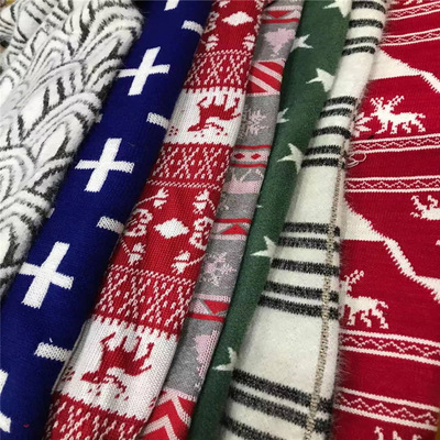 君晟几何粗纺针织提花布料 全涤粗针毛线面料 提花羊毛针织布批发