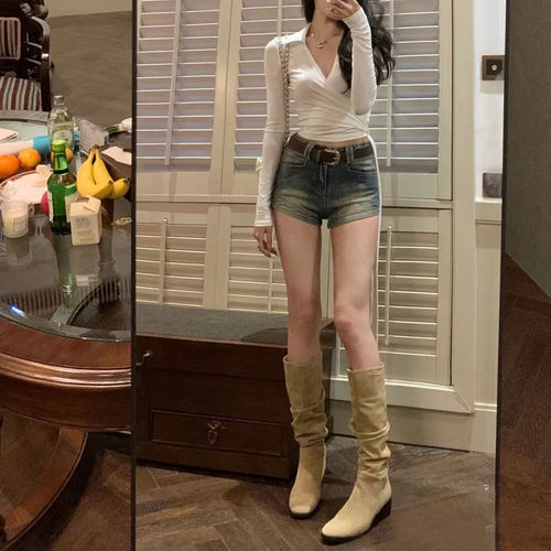 Autumn/Winter Pop Star Boots, Leg-Gathering Knee-High Slimming Boots for Women, Folded Design, New Arrival Long Boots