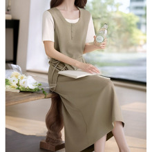 YQGFS#2025夏季女装法式假两件短袖拼接曼巴棉连衣裙独特别致长裙