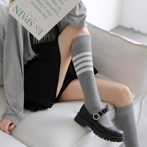 Grey Mid-Calf High-Calf Four-Strip Leggings Cotton Japanese Trend Brand JK Lady College Style Spring and Summer Socks