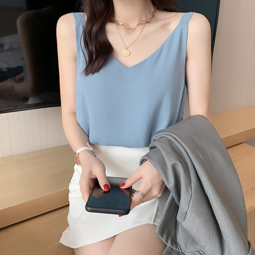 Women's Sheer Straps Camisole Top  Summer V-Neck Double Layer Loose Fitting Slimming Outerwear and Innerwear White Base Shirt Top