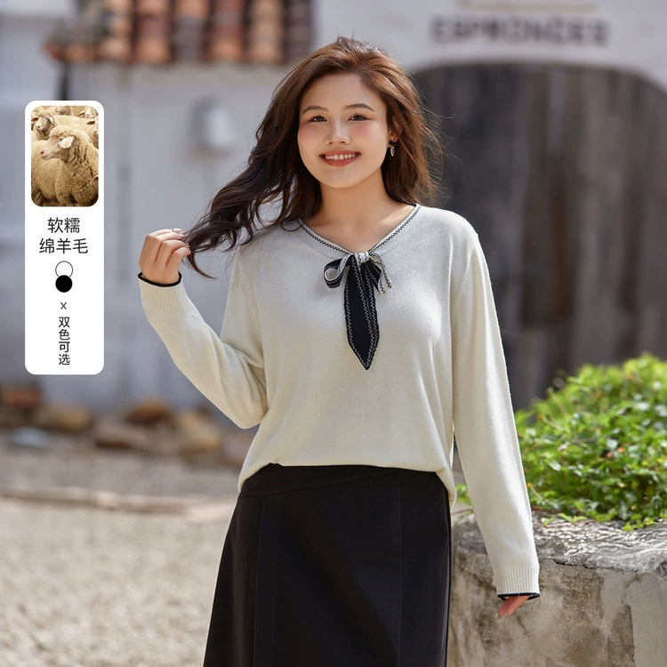 Тонкое шоу 2023 зима Новая женская одежда больших размеров пухлая девушка контрастного цвета с бантом из ленты Элегантный темпераментный свитер с V-образным вырезом