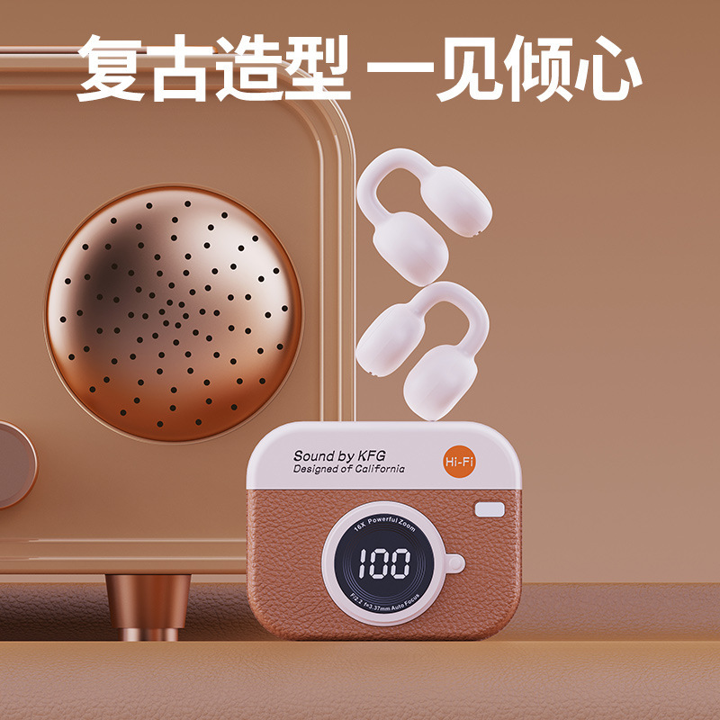 跨境爆款Q87蓝牙耳机复古风相机耳夹式触摸皮纹音乐耳机久戴不痛