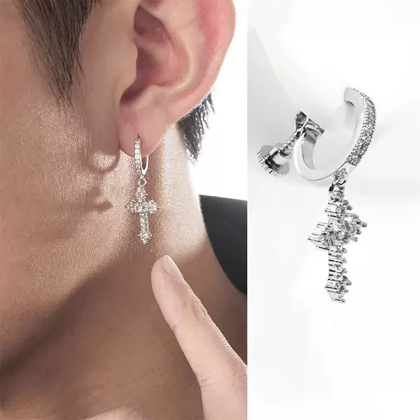 Micro-Paved Zirconium Rhombus Cross Non-Pierced Ear Clip Earrings Men's European and American Earrings Women's Earrings Trendy