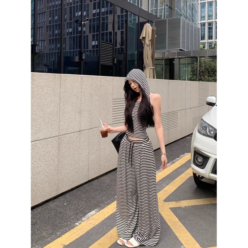 辣妹时尚条纹露背无袖连帽背心抽绳宽松休闲长裤套装女夏季两件套|undefined