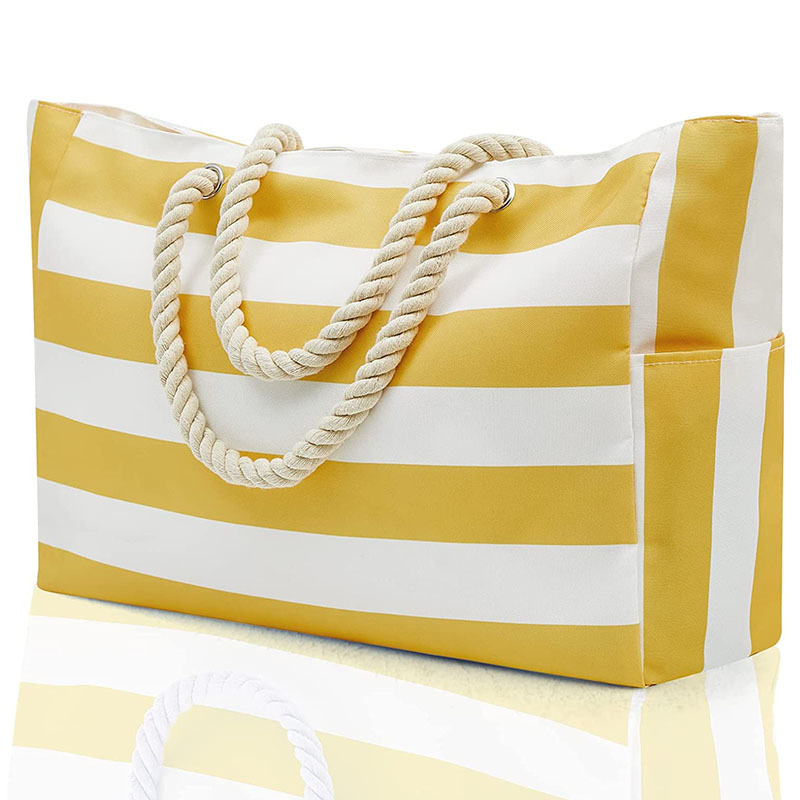 Gestreifte große Aufbewahrungstasche für den Außenbereich, modische handgehaltene Strandtasche aus Baumwolle, große Kapazität, Reisetasche, Einkaufstasche_voghion.com