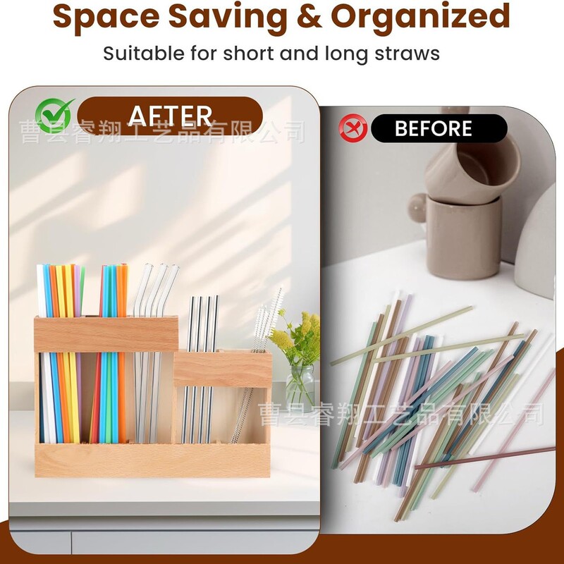 Wooden Straw Storage Kitchen Counter Double-Sided Tape Organizer Multi-Grid Rack Wall-Mounted Storage Rack Wholesale