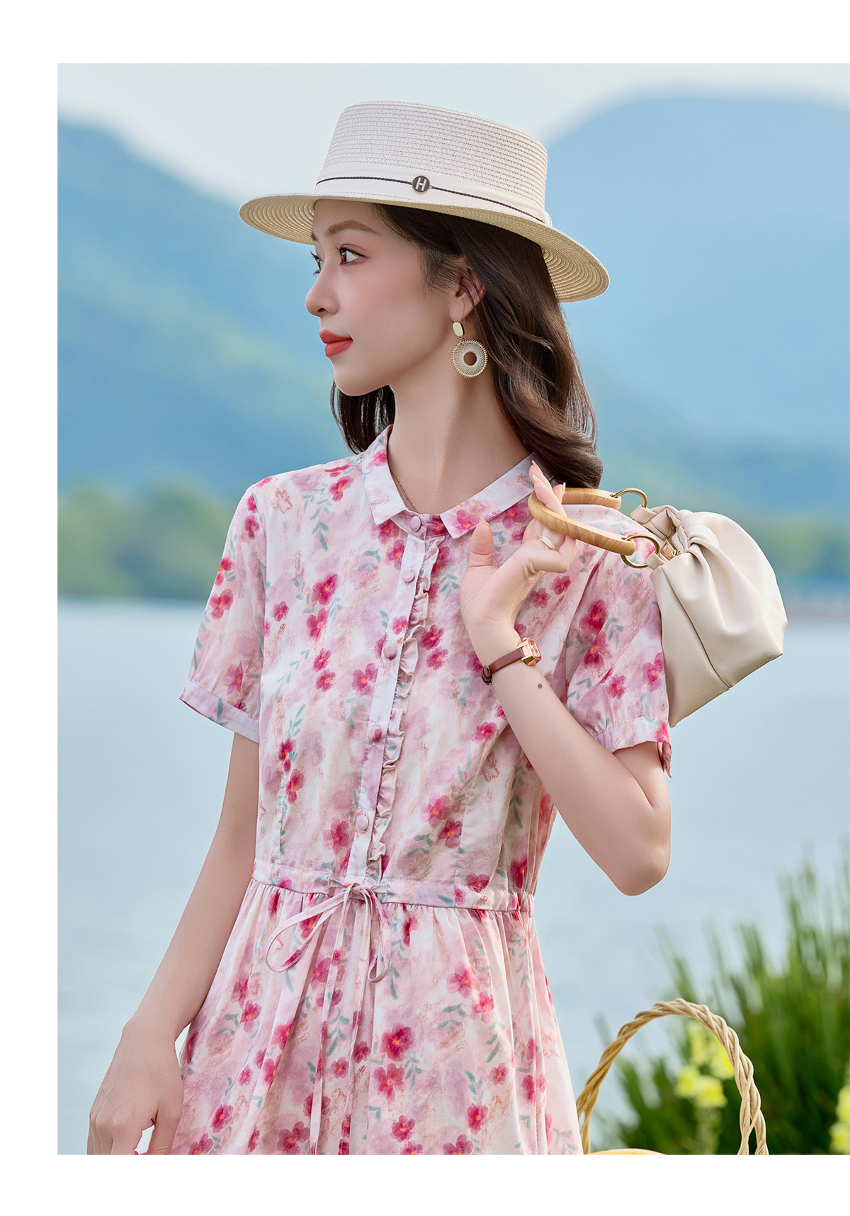 Đầm maxi nữ thắt eo họa tiết hoa nhí phong cách Pháp 2026 — Màu hồng chi tiết 13