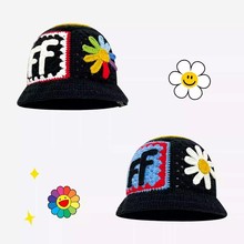 GD权志龙同款手工钩织花朵渔夫帽女春夏出游大头围笑脸个性针织帽