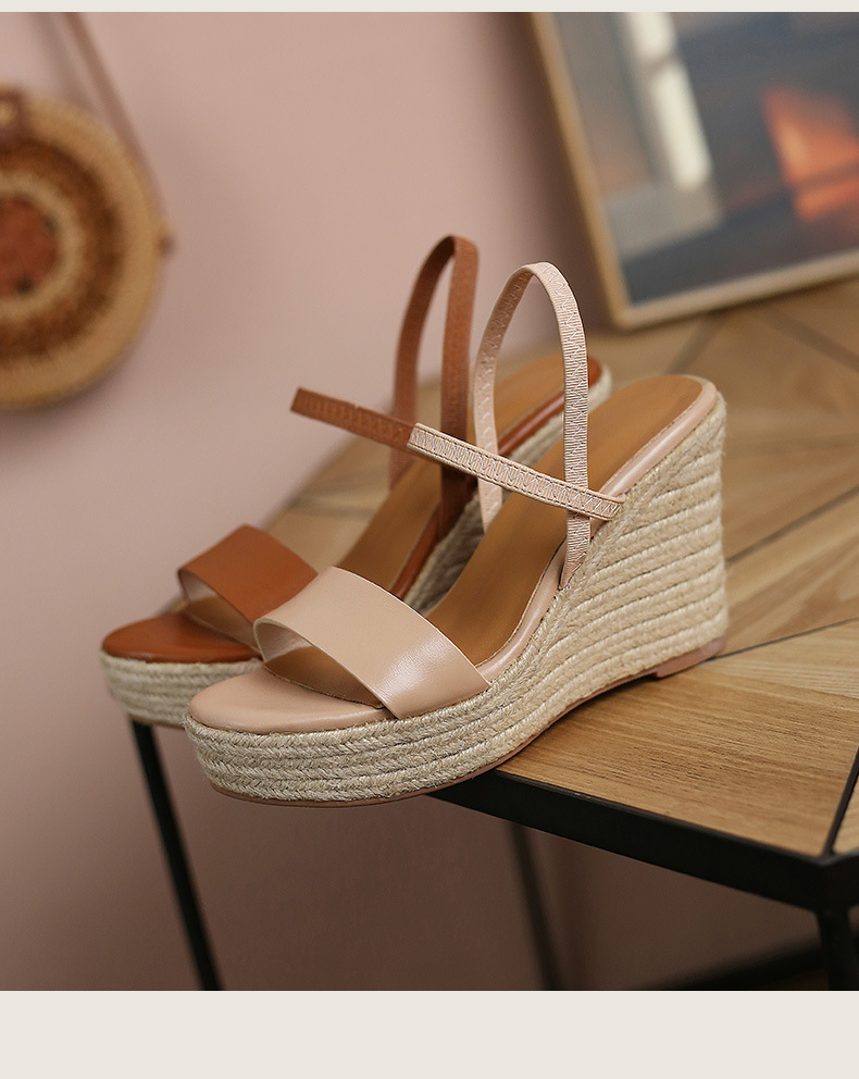 Sandal cao gót nữ hở mũi đế xuồng cói phong cách retro, gót platform 8 cm — nâu chi tiết 10