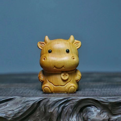 Cliff Cypress Wood Carving Small Cute Ox Handle, Ox-Roaring Wooden Carving Home Living Room Decor Car Ornament