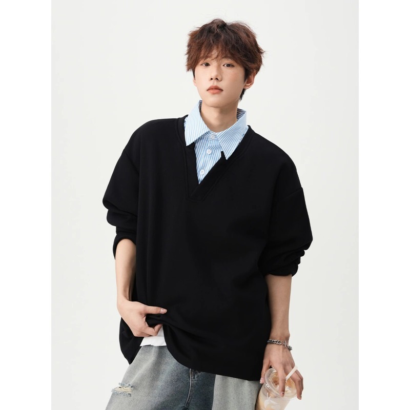 American-Style Faux Two-Piece Long-Sleeve Sweatshirt for Men and Women, Spring Trendy Casual Versatile Polo Shirt, Loose Shirt Collar Top for Men