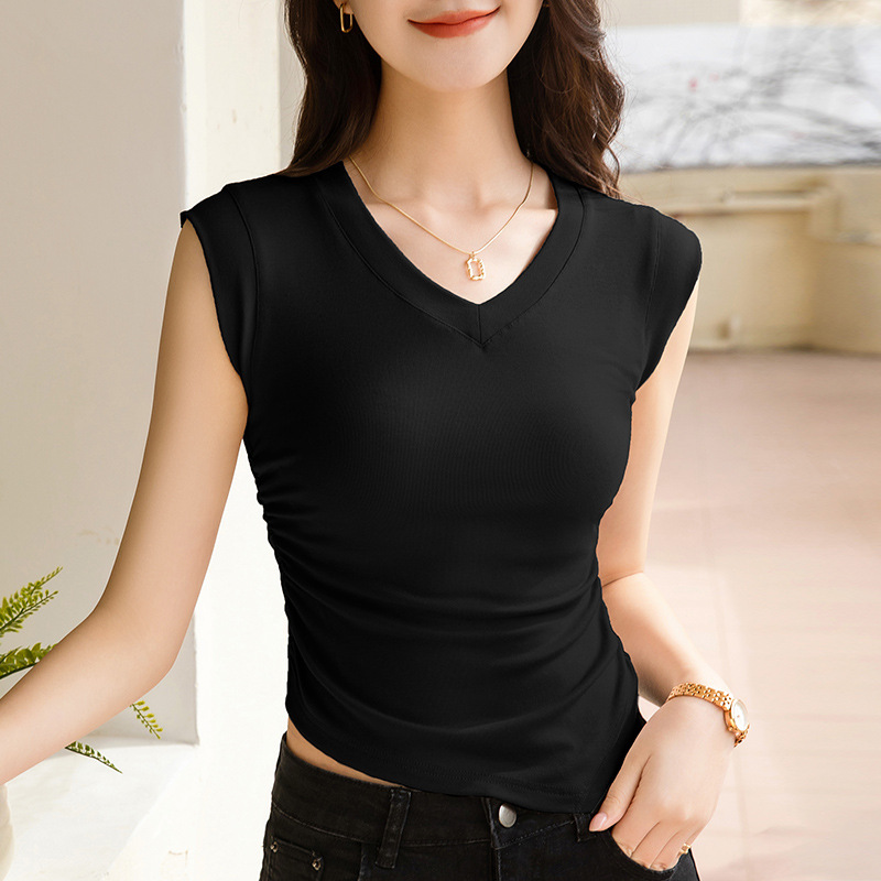 Camisola ropa interior de mujer 2023 nueva camisa elegante con cuello en v para mujer cintura plisada sin mangas de color sólido top