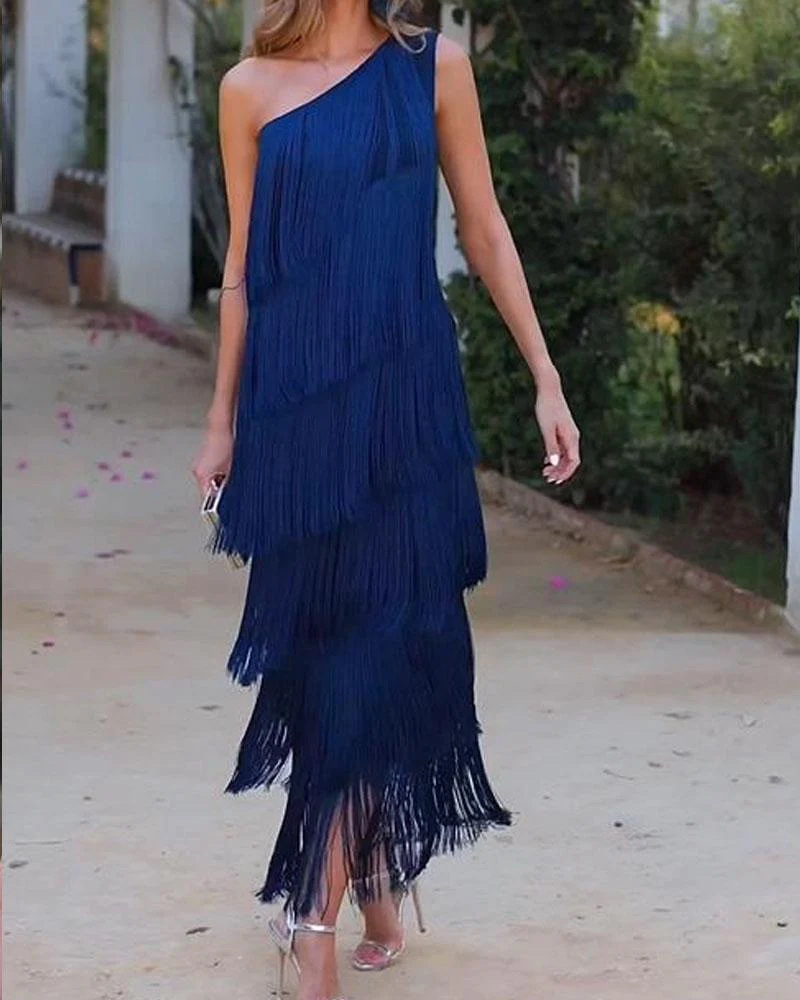 2024 Spring Summer New European And American Foreign Trade Fashion Tassel Asymmetric Off-Shoulder Dress Evening Gown_ecoleips.com