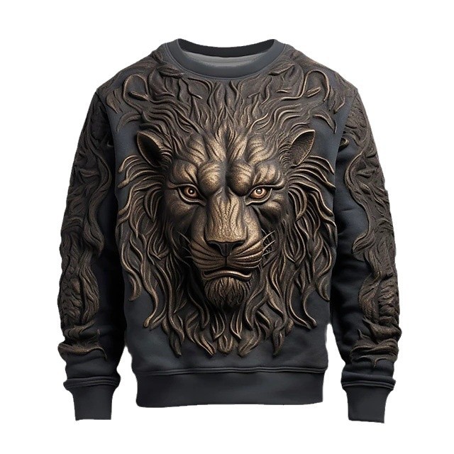 Moda retro heavy metal león estampado 3D punto para hombres y mujeres con el mismo estilo suelto de manga larga suéter de cuello redondo