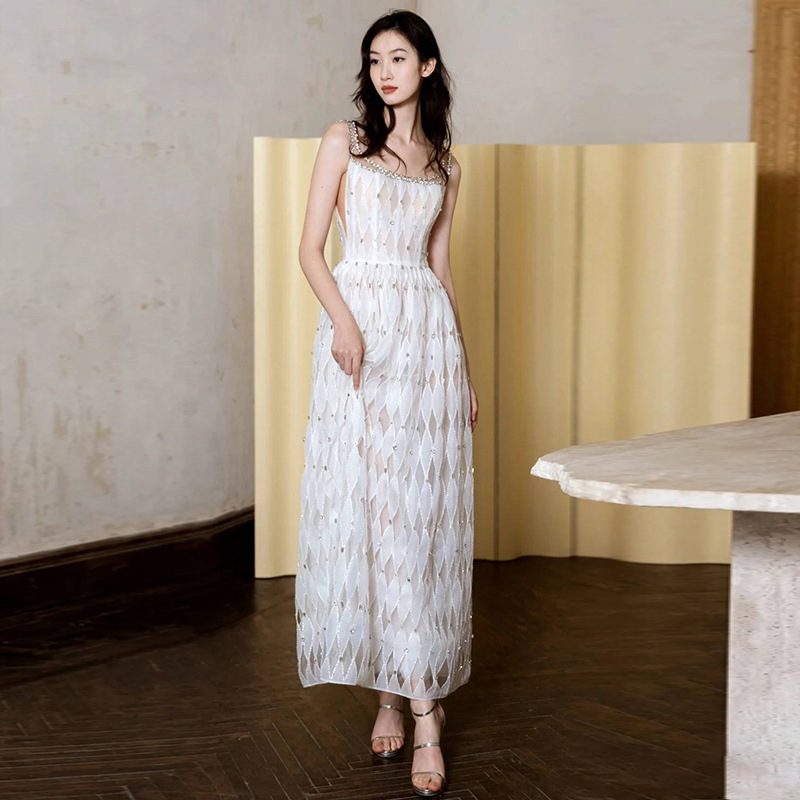 French Sling Light Wedding Dress Heavy Industry Rhinestone Bead Engagement Dress Elegant Banquet Birthday Daily Travel Dress French Sling Light Wedding Dress Heavy Industry Rhinestone Bead Engagement Dress Elegant Banquet Birthday Daily Travel Dress