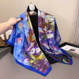 喷绘油画拼接色植物印花轻绡纱110cm方巾女旅游防晒披肩头巾围巾