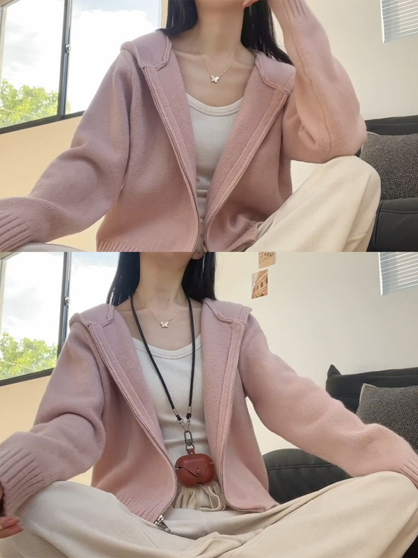 粉色连帽针织衫上衣女秋冬2025秋季拉链慵懒软糯外搭毛衣开衫外套|undefined