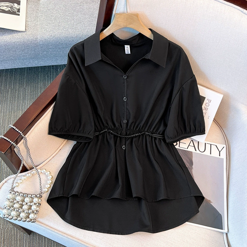 夏季新款收腰遮肚子气质女款夏季翻领胖mm修身大码衬衫国风新中式