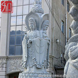 石雕观音佛像 三面观音菩萨图片 花岗岩石材加工造型端庄含义多