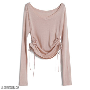 Low V Neck Exposed Collarbone Drawstring T-Shirt for Women in Summer, Gentle and Sweet Waist-Cinching Sexy Pure Color Short Thin Top Sun Protection Shirt