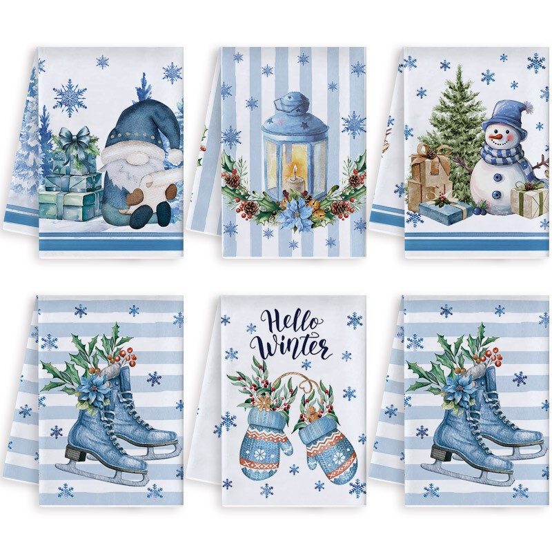 Cross-border towel wholesale, customizable label towels, kitchen dish towels, blue Christmas new napkin combination set Cross-border towel wholesale, customizable label towels, kitchen dish towels, blue Christmas new napkin combination set
