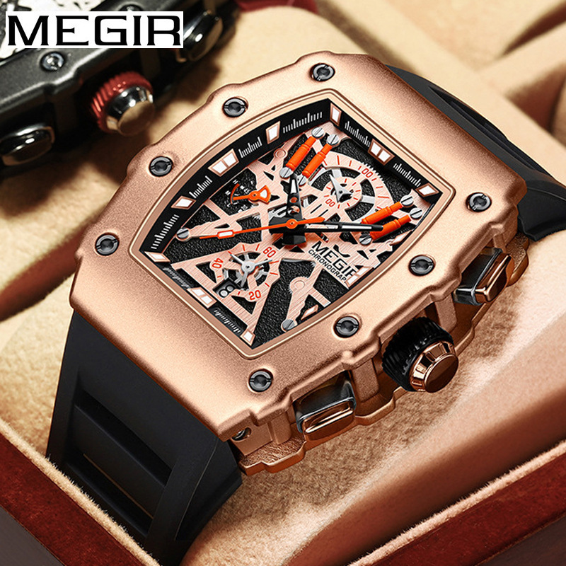 Cross-border Explosions Megir Watch Men's Wine Barrel Watch Square Domineering Chronograph Silicone Men's Watch 2218