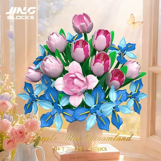 跨境热销款益智DIY家居装饰积木花永生玫瑰花粉色郁金香花束套装