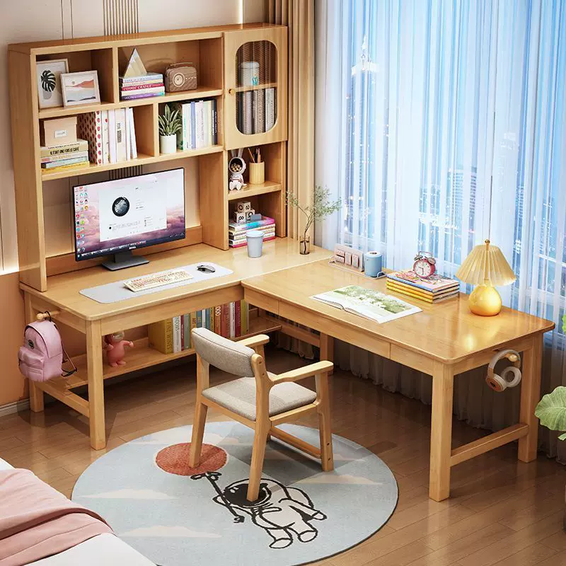 实木转角书桌书架带书柜一体初中生学习桌卧室角落L型办公电脑桌