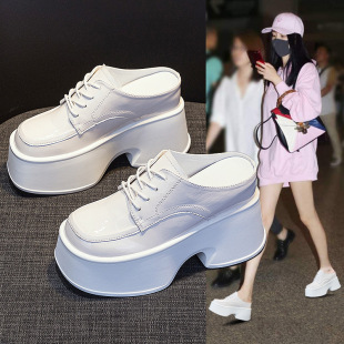 Small Leather Shoes Half Slippers British Style Women's 2025 Spring New Patent Leather Mirror Thick Sole Super High Heel 11cm Fashion Trbottom