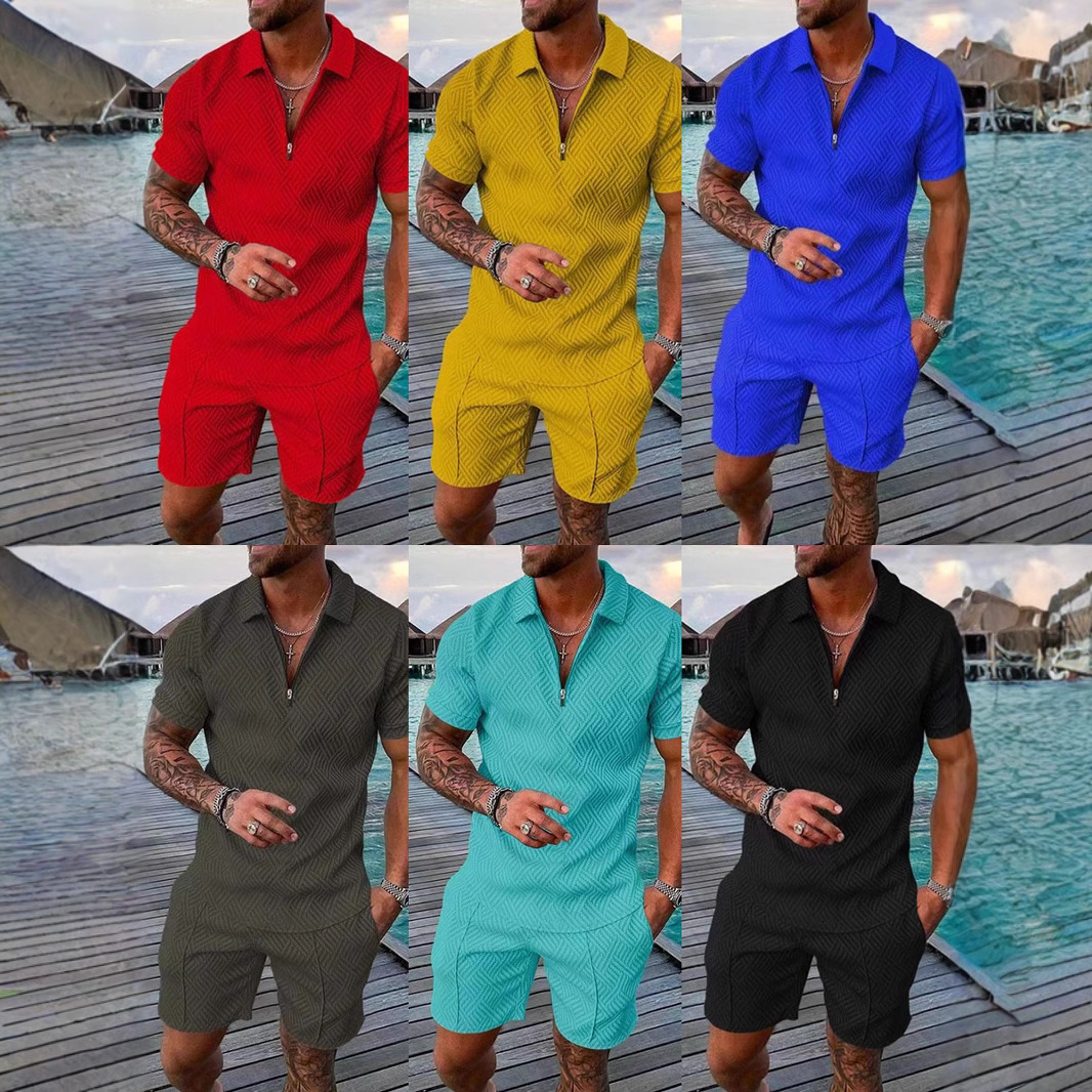 2025针织衫跨境欧美新款独立站男士休闲纯色POLO拉链翻领衫短袖套