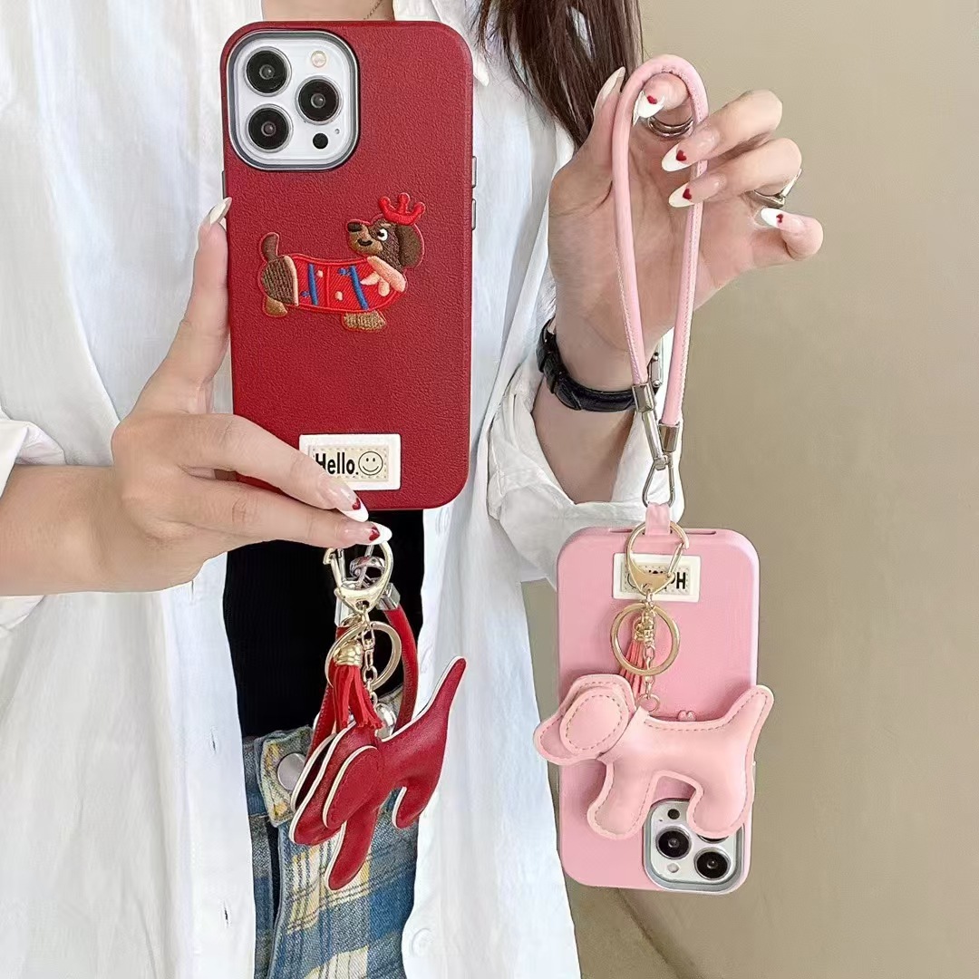 Perro bordado de dopamina para iPhone16promax funda para teléfono móvil Apple 15/14 dos en uno patrón de piel 13p