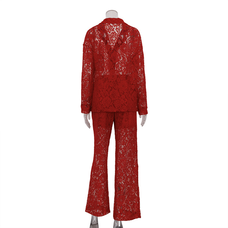 Lace See Through Two Piece Set Women Sexy Sexy Polo Collar Shirt Trousers Suit