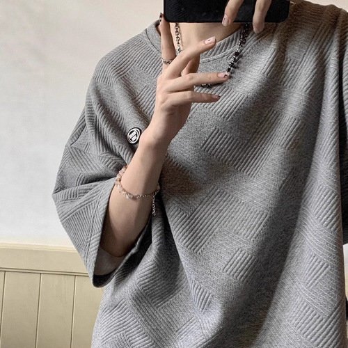 Waffle Short-sleeved Men's Summer American-style Loose Round-neck T-shirt Trendy Brand Label Simple Half-sleeved Couple's Casual T-shirt