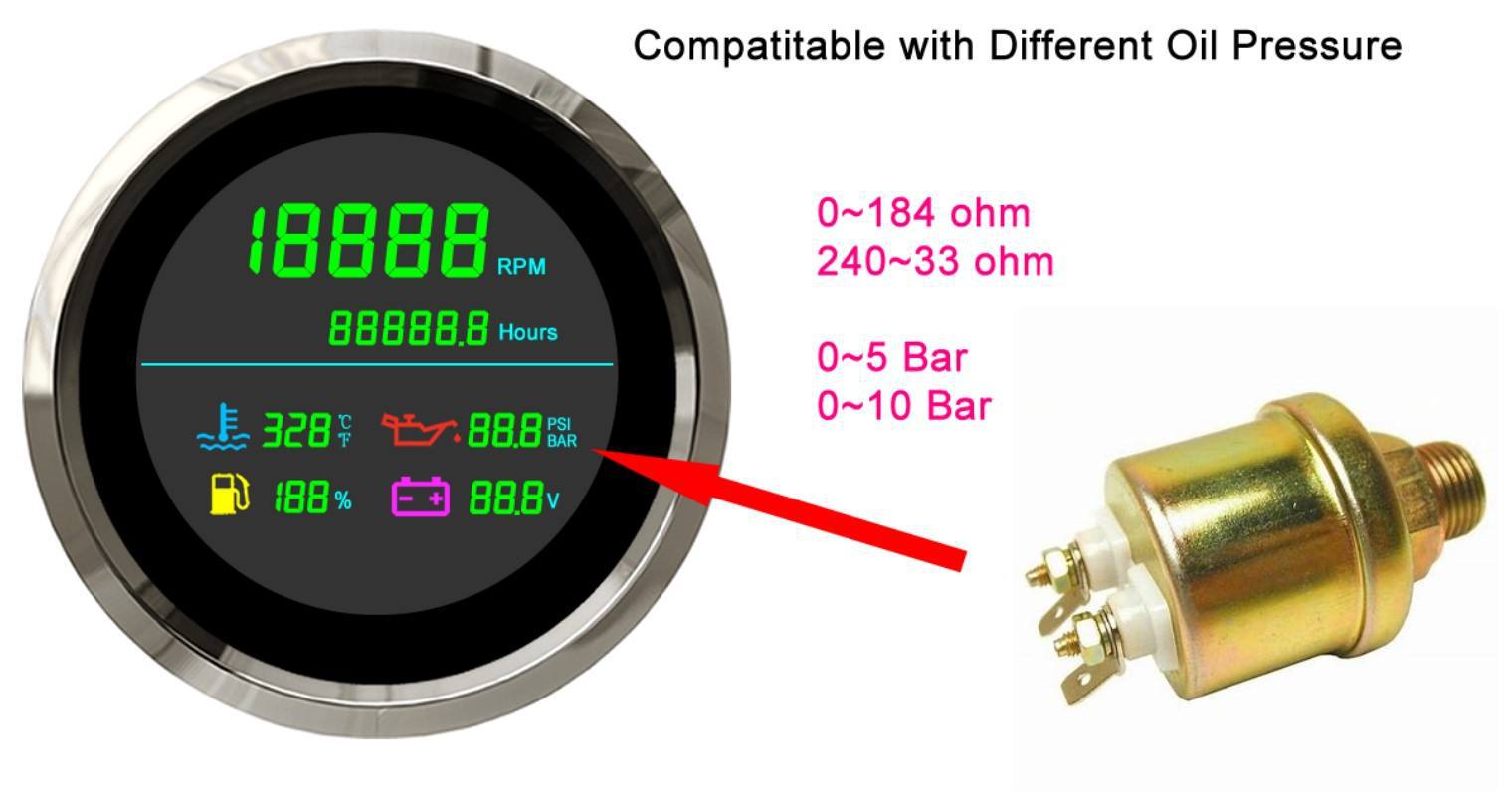 New 85mm multifunctional LCD tachometer with hour meter water temperature oil pressure oil level voltmeter