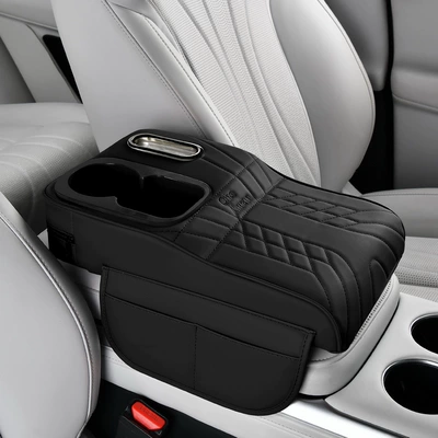 Car Armrest Box Pad Multifunctional Water Cup Holder Car Tissue Box Car Interior Leather Armrest Box Booster Pad (Armrest box pad) - black