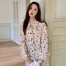 新款小红书纯棉A类纱布女士家居服长袖长裤睡衣女秋季茉莉清茶